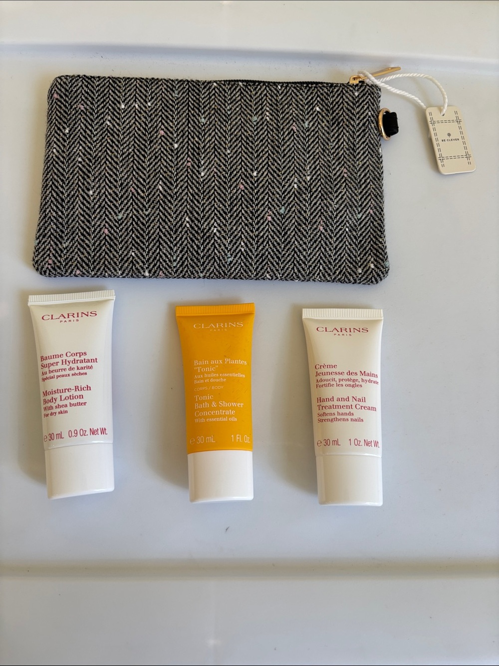Clarins Travel Skincare Set with Gray Tweed Pouch - White, Yellow